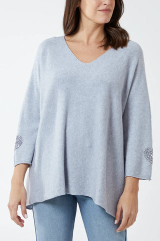 GREY APPLIQUED HEARTS SLEEVES V-NECK JUMPER