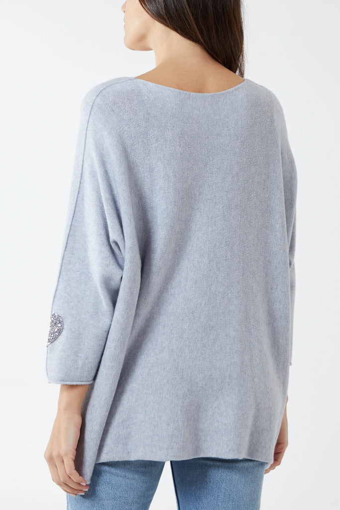 GREY APPLIQUED HEARTS SLEEVES V-NECK JUMPER