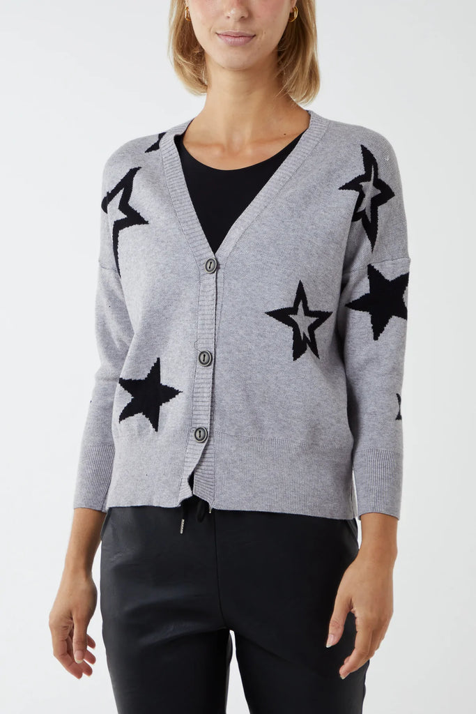 GREY AND BLACK STAR FINE KNIT BUTTON CARDIGAN