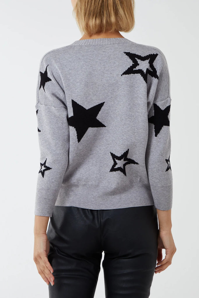 GREY AND BLACK STAR FINE KNIT BUTTON CARDIGAN