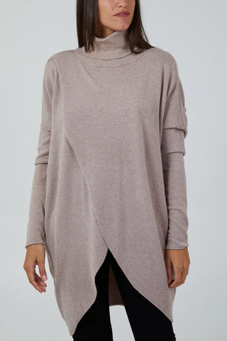 MOCHA KHAKI OVERSIZED OVERLAP ROLL NECK JUMPER