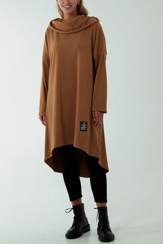 CAMEL FLEECE COWL NECK MIDI DRESS