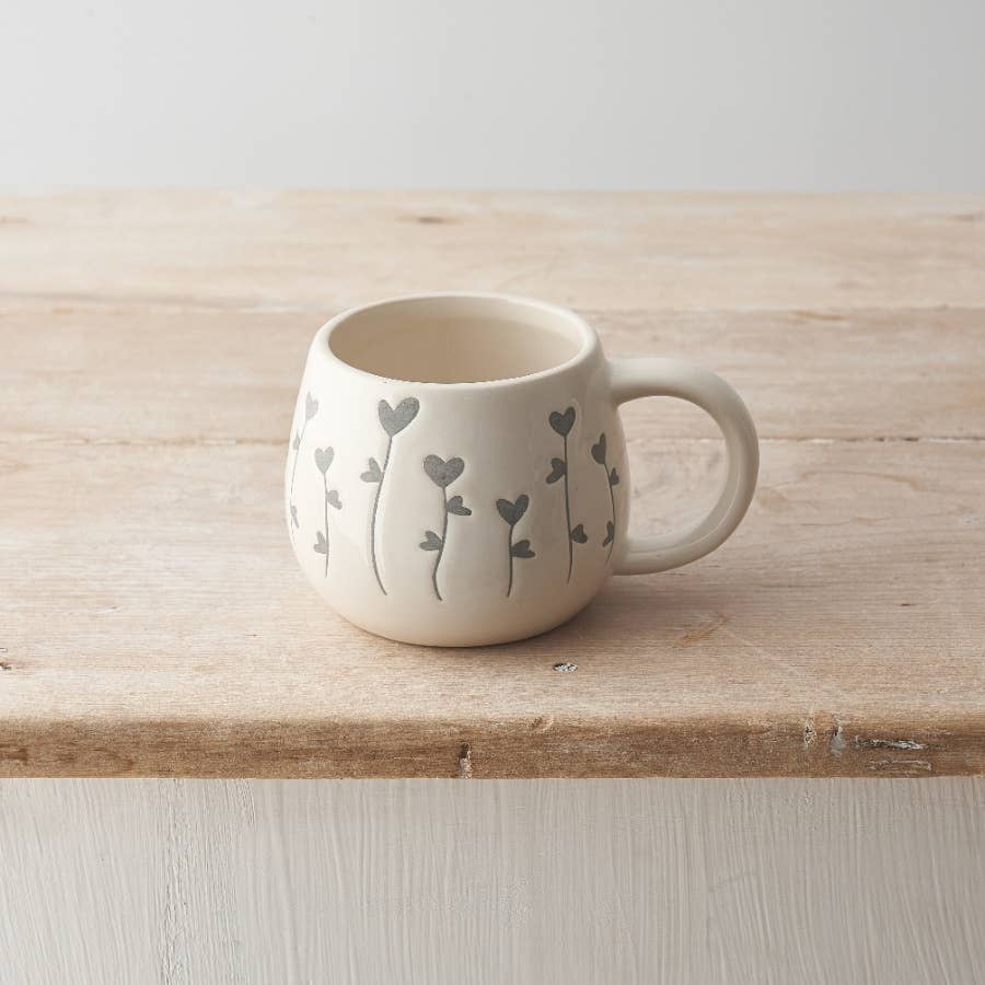 GREY HEART FLOWERS MUG, 13.5CM