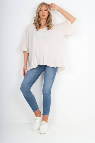 ITALIAN LINEN LAGENLOOK RUFFLE HEM TOP: BEIGE