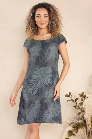 CHARCOAL GREY FEATHER PATTERN SHORT SLEEVE DRESS