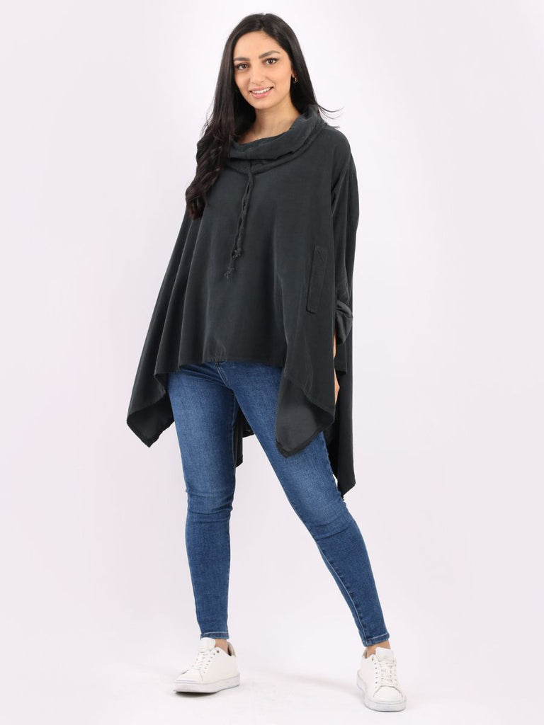 CHARCOAL MADE IN ITALY DRAWSTRING COWL NECK CORDUROY TOP